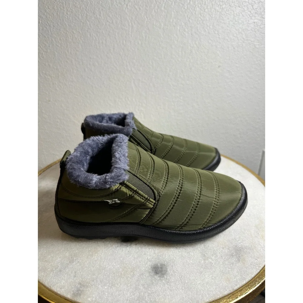 Olive Green Quilted Puffer Ankle Boots Faux Fur Lined Slip On Winter Shoes